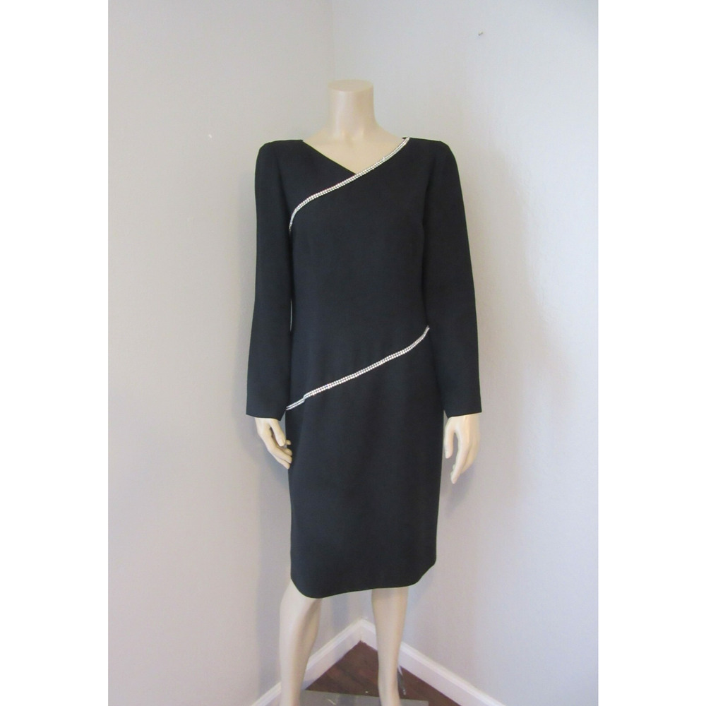 CHETTA B Black Rhinestone Embellished Long Sleeve 12 Lined Back Zip Dress BR47
